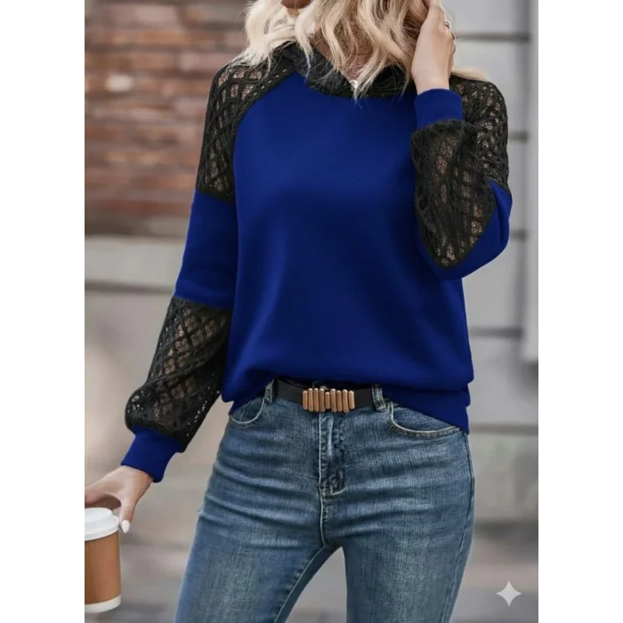 Kadın Uzun Kollu Dantelli Kapşonlu Viskon Iki Iplik Bluz