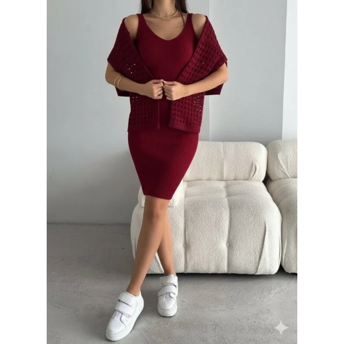 Kadın Uzun Kollu Delikli Kazak Askılı Elbise Triko Ikili Takım