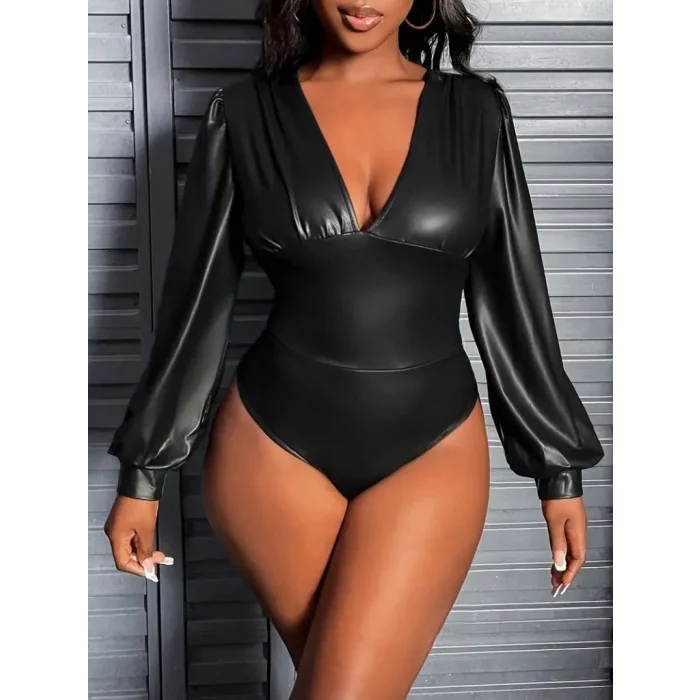 Kadın Uzun Kollu Derin V Yakalı Deri Zıbın