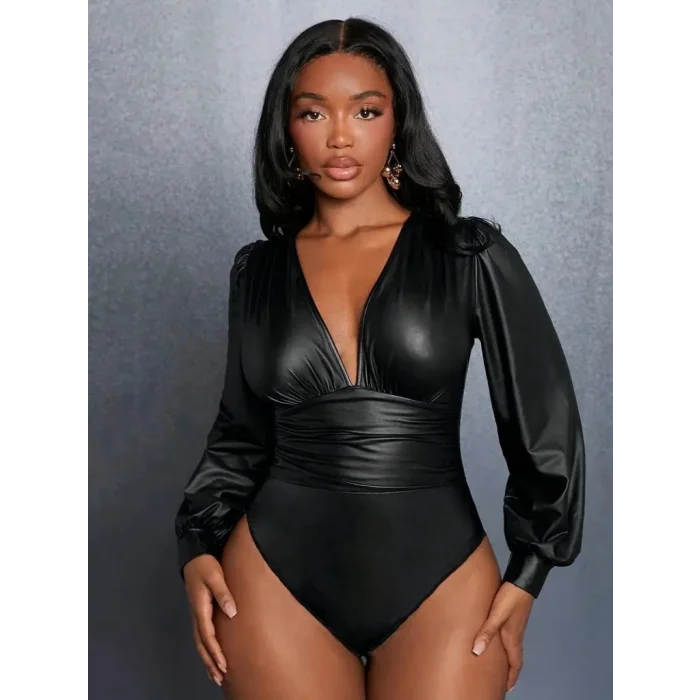 Kadın Uzun Kollu Derin V Yakalı Deri Zıbın