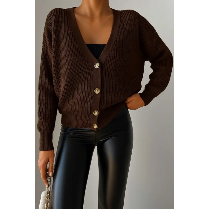 Kadın Uzun Kollu Düğme Detay Triko Hırka