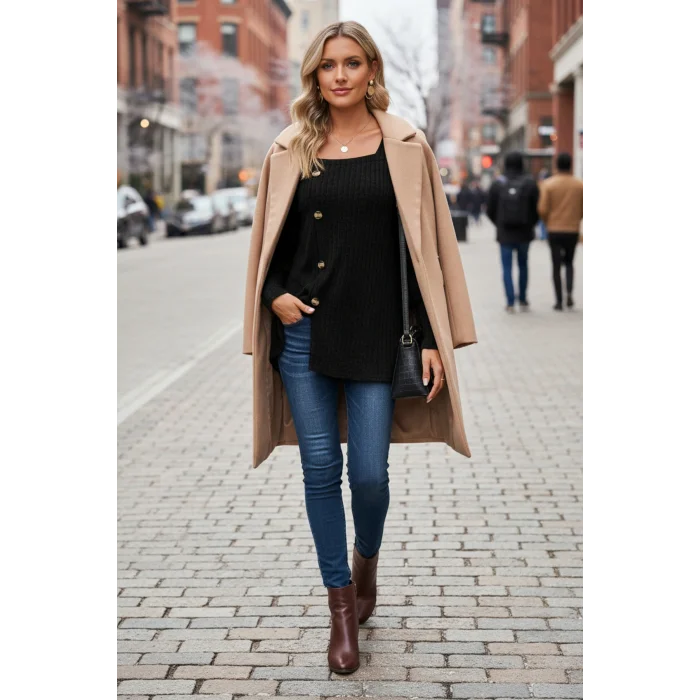 Kadın Uzun Kollu Düğmeli Mevsimlik Bluz – Yumuşak Dokulu, Esnek ve Sıcak Tutan Kumaş