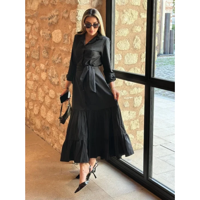 Kadın Uzun Kollu Eteği Fırfırlı Beli Kuşaklı Trikoton Tam Boy Gömlek Elbise