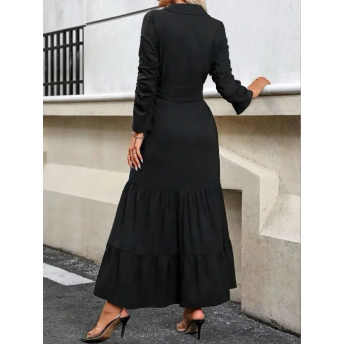 Kadın Uzun Kollu Eteği Fırfırlı Beli Kuşaklı Trikoton Tam Boy Gömlek Elbise