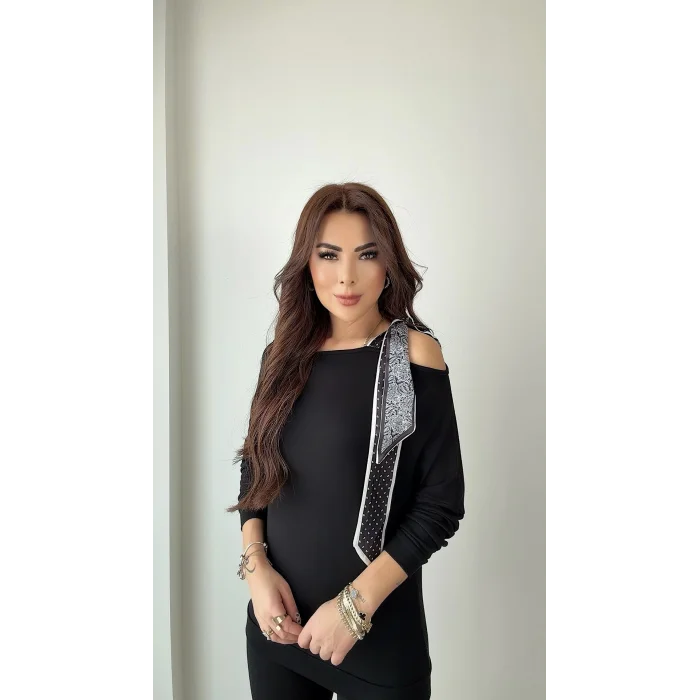 Kadın Uzun Kollu Fular Detay çilek Kumaş Bluz