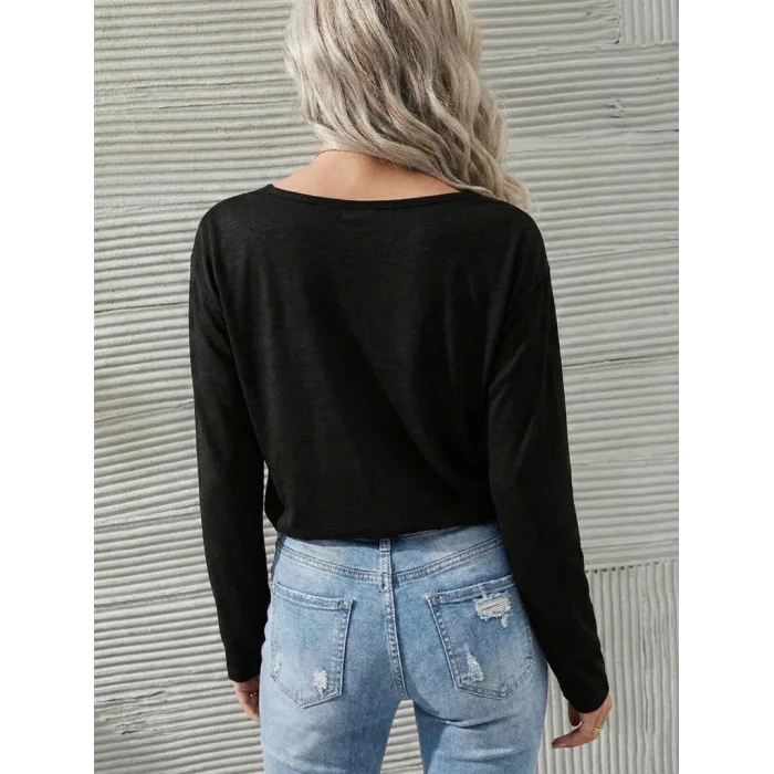 Kadın Uzun Kollu Geniş Yuvarlak Yaka Dantelli Viskon Iki Iplik Bluz