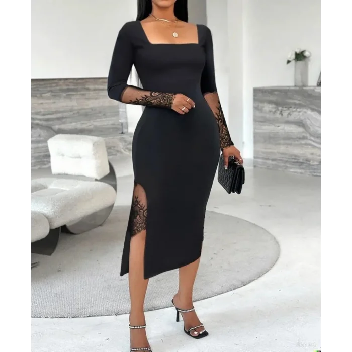 Kadın Uzun Kollu Geometrik Yakalı Dantel Detaylı Midi Ithal Krep Elbise