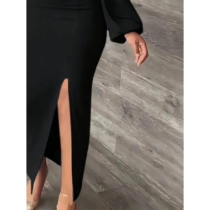 Kadın Uzun Kollu Geometrik Yakalı Yandan Yırtmaçlı Uzun Janjan Krep Elbise