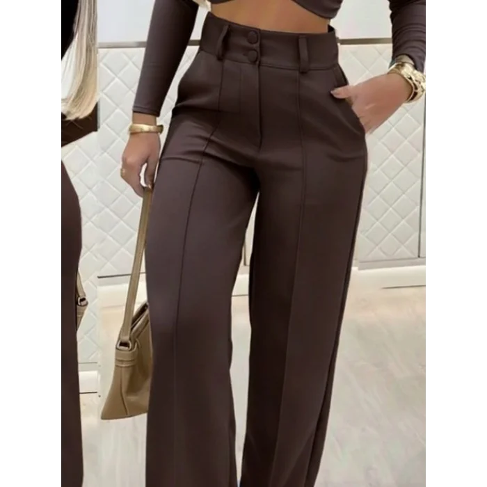 Kadın Uzun Kollu Göğüs Dekolteli Ithal Krep Bluz Ve Pantolon Ikili Takım