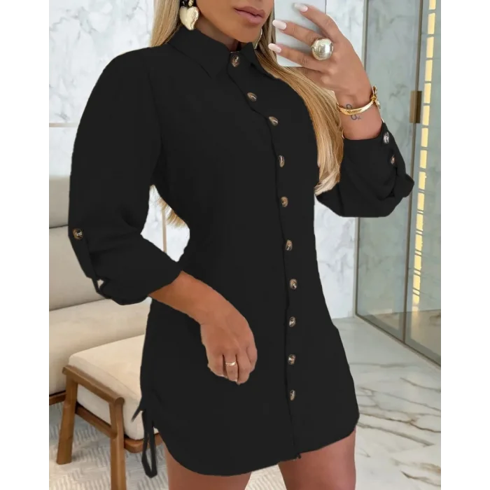 Kadın Uzun Kollu Gömlek Yaka önden Düğmeli Yanlardan Büzgülü Kısa Aerobin Elbise