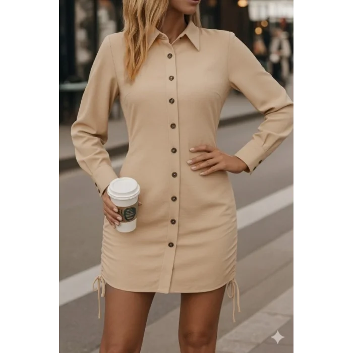 Kadın Uzun Kollu Gömlek Yaka önden Düğmeli Yanlardan Büzgülü Kısa Aerobin Elbise