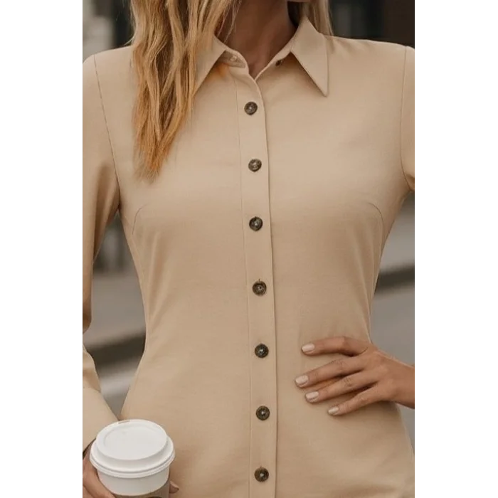 Kadın Uzun Kollu Gömlek Yaka önden Düğmeli Yanlardan Büzgülü Kısa Aerobin Elbise