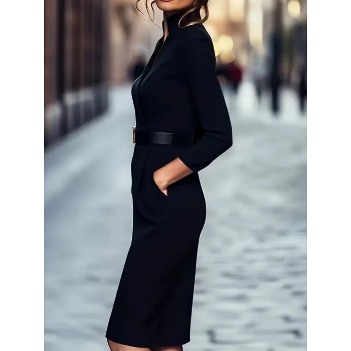 Kadın Uzun Kollu Hakim Yaka Beli Kemerli Cepli Midi Ithal Krep Elbise