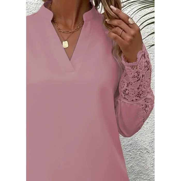 Kadın Uzun Kollu Hakim Yaka Kolları Dantel Detaylı Ithal Krep Bluz