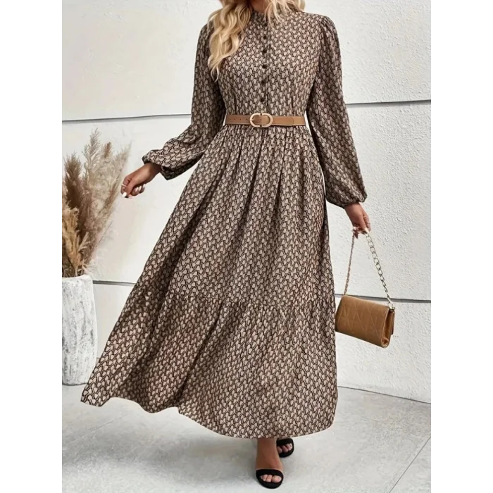 Kadın Uzun Kollu Hakim Yakalı Düğmeli Kemersiz Desenli Maxi Süprem Elbise