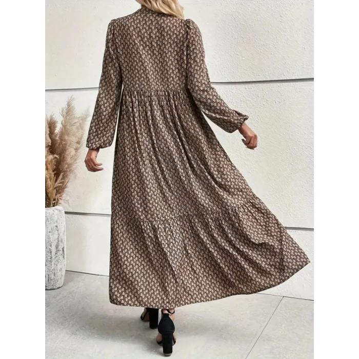 Kadın Uzun Kollu Hakim Yakalı Düğmeli Kemersiz Desenli Maxi Süprem Elbise