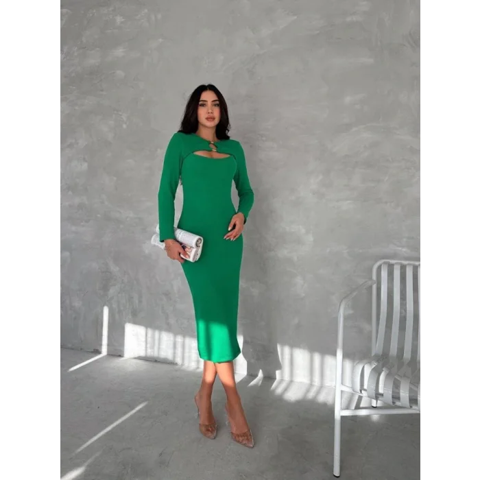 Kadın Uzun Kollu Halka Ve Pencere Dekolte Detay Fırsat ürün Midi Boy Elbise