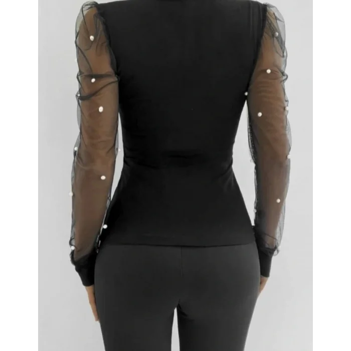 Kadın Uzun Kollu Inci Detaylı Tüllü Viskon Bluz