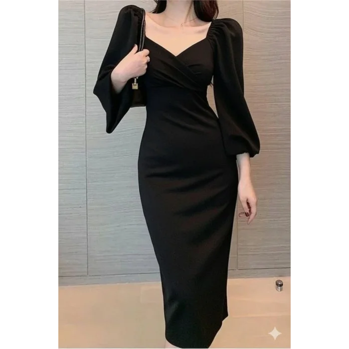 Kadın Uzun Kollu Kalp Yakalı Midi Ithal Krep Elbise