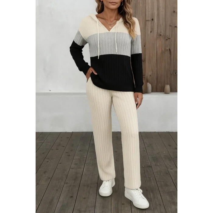 Kadın Uzun Kollu Kapşonlu Bağcıklı Blok Renkli şardonlu Kaşkorse Bluz Ve Pantolon Ikili Takım