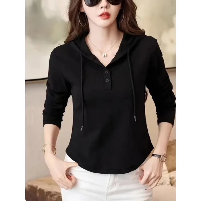 Kadın Uzun Kollu Kapşonlu Bağcıklı Düğmeli Viskon Iki Iplik Bluz