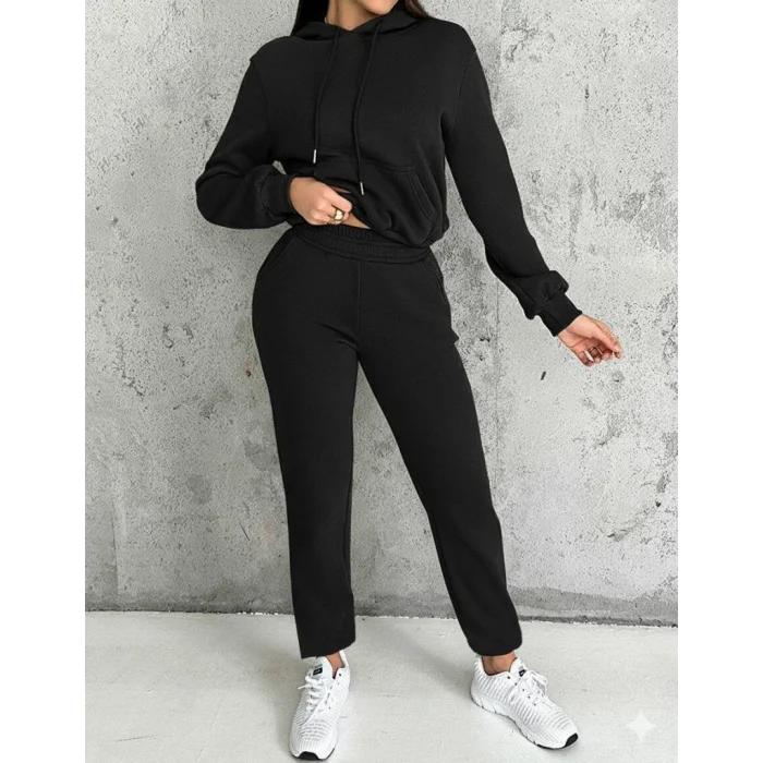 Kadın Uzun Kollu Kapşonlu Bağcıklı üç Iplik Bluz Ve Pantolon Ikili Takım