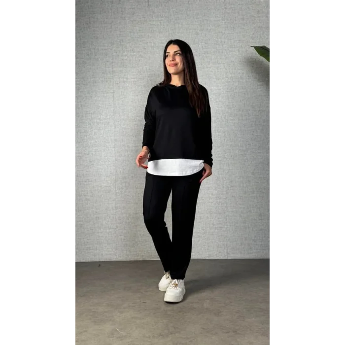 Kadın Uzun Kollu Kapşonlu Bağcıklı Viskon Iki Iplik Bluz Ve Pantolon Ikili Takım