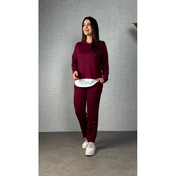 Kadın Uzun Kollu Kapşonlu Bağcıklı Viskon Iki Iplik Bluz Ve Pantolon Ikili Takım