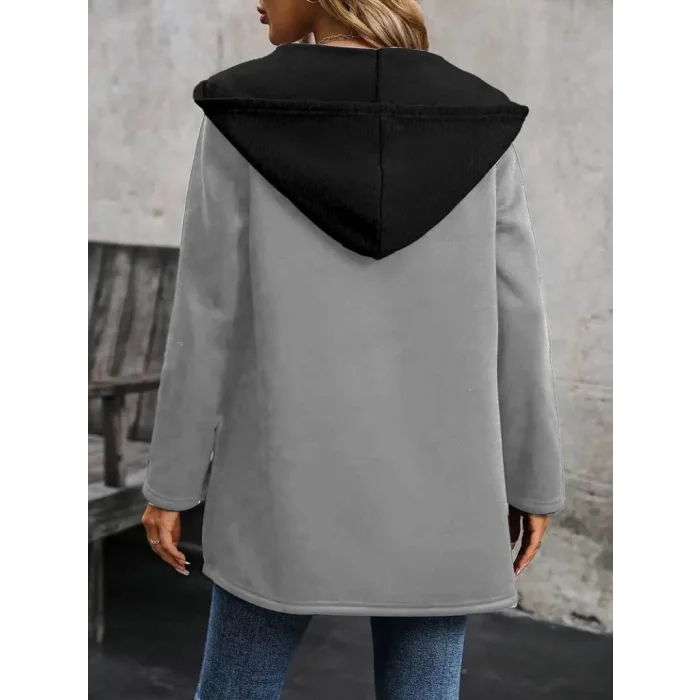 Kadın Uzun Kollu Kapşonlu çift Renkli şardonlu Iki Iplik Ceket