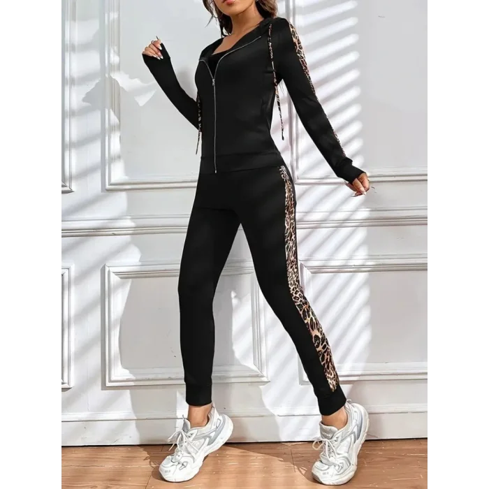 Kadın Uzun Kollu Kapşonlu Fermuarlı Bağcıklı Viskon Iki Iplik Bluz Ve Pantolon Tayt