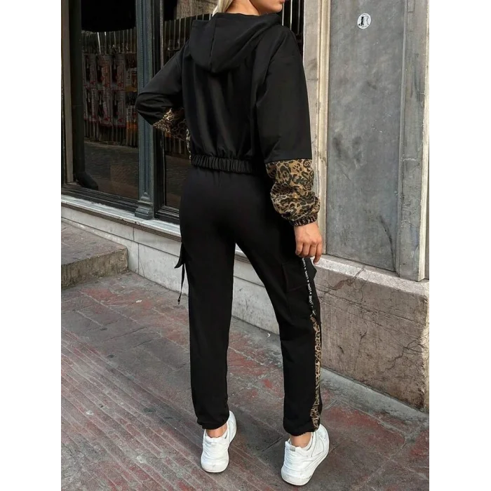 Kadın Uzun Kollu Kapşonlu Leopar Desenli Viskon Iki Iplik Bluz Ve Pantolon Ikili Takım