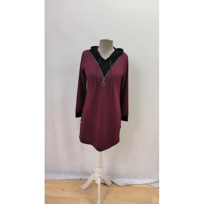 Kadın Uzun Kollu Kapşonlu önden Fermuarlı Düğmeli Mini Iki Iplik Elbise