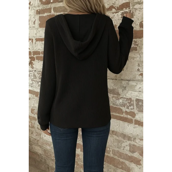 Kadın Uzun Kollu Kapşonlu önü Düğmeli Ve Bağcıklı Waffle Bluz