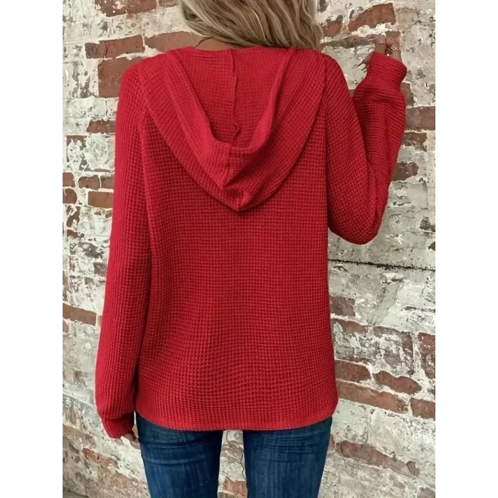 Kadın Uzun Kollu Kapşonlu önü Düğmeli Ve Bağcıklı Waffle Bluz