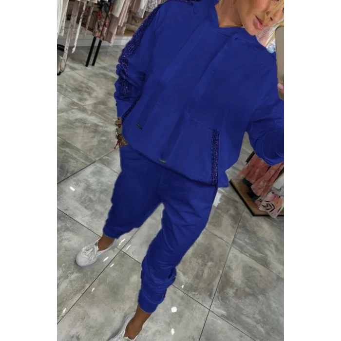 Kadın Uzun Kollu Kapşonlu Pulpayet Detay Viskon Iki Iplik Bluz Ve Pantolon Ikili Takım