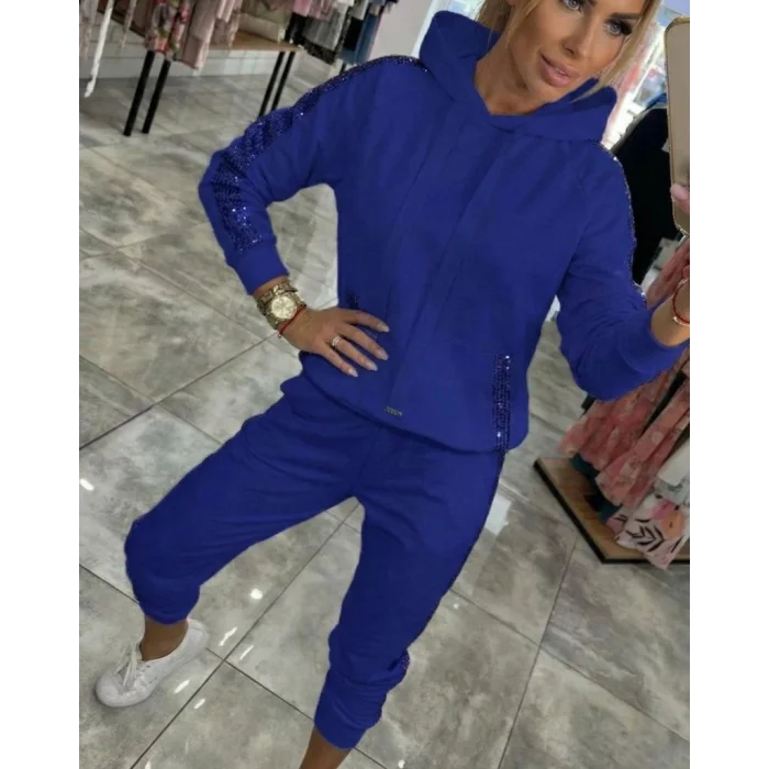 Kadın Uzun Kollu Kapşonlu Pulpayet Detay Viskon Iki Iplik Bluz Ve Pantolon Ikili Takım