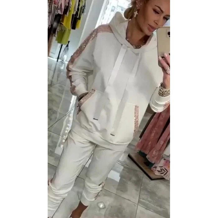 Kadın Uzun Kollu Kapşonlu Pulpayet Detay Viskon Iki Iplik Bluz Ve Pantolon Ikili Takım