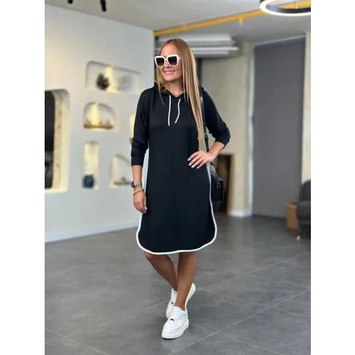 Kadın Uzun Kollu Kapüşon Ve Ribana Detay Diz üstü Elbise