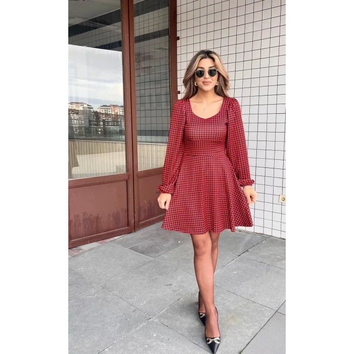 Kadın Uzun Kollu Kare Kalp Yakalı Mini Modal Elbise