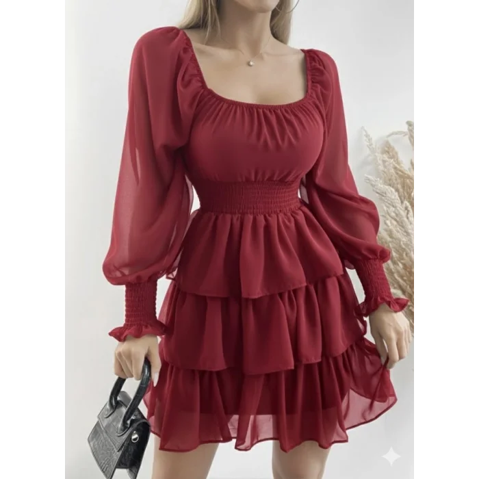 Kadın Uzun Kollu Kare Yaka Beli Lastikli Volanlı şifon Elbise