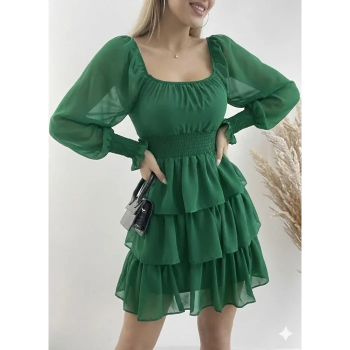 Kadın Uzun Kollu Kare Yaka Beli Lastikli Volanlı şifon Elbise