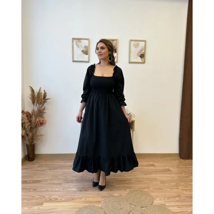 Kadın Uzun Kollu Kare Yakalı Gipeli Uzun Trikoton Elbise