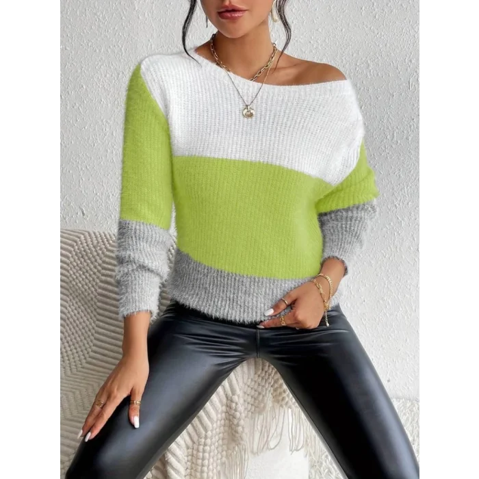 Kadın Uzun Kollu Kayık Yaka çok Renkli Triko Bluz