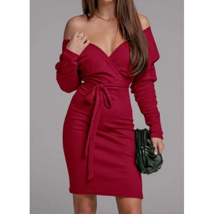 Kadın Uzun Kollu Kruvaze Yaka Bağcık Detay Akrilik Mini Boy Elbise