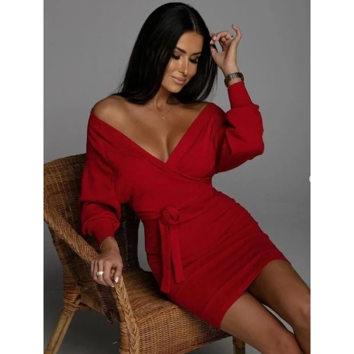 Kadın Uzun Kollu Kruvaze Yaka Bağcık Detay Akrilik Mini Boy Elbise