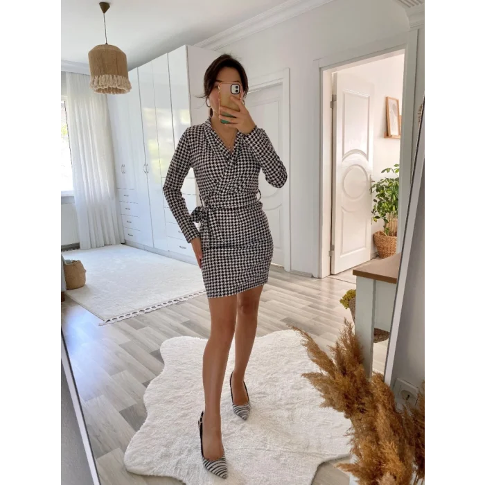 Kadın Uzun Kollu Kruvaze Yaka Bağlamalı Kemer Dalgıç Mini Boy Elbise