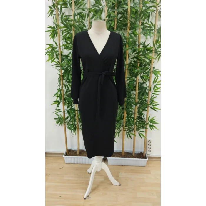 Kadın Uzun Kollu Kruvaze Yaka Belden Kuşaklı Midi Ithal Krep Elbise