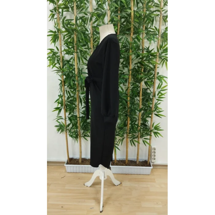 Kadın Uzun Kollu Kruvaze Yaka Belden Kuşaklı Midi Ithal Krep Elbise