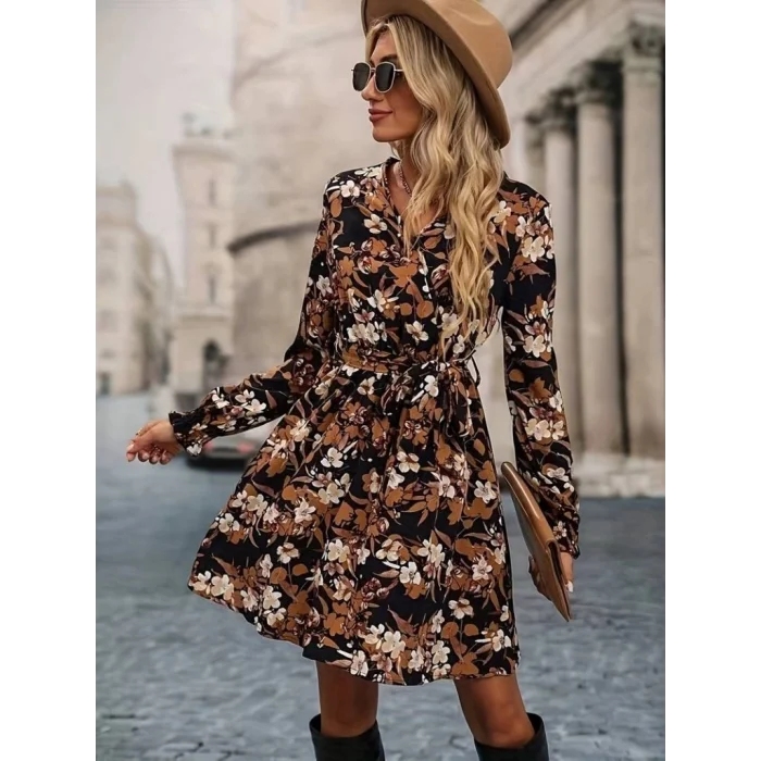 Kadın Uzun Kollu Kruvaze Yaka çiçek Desenli Dalgıç Elbise