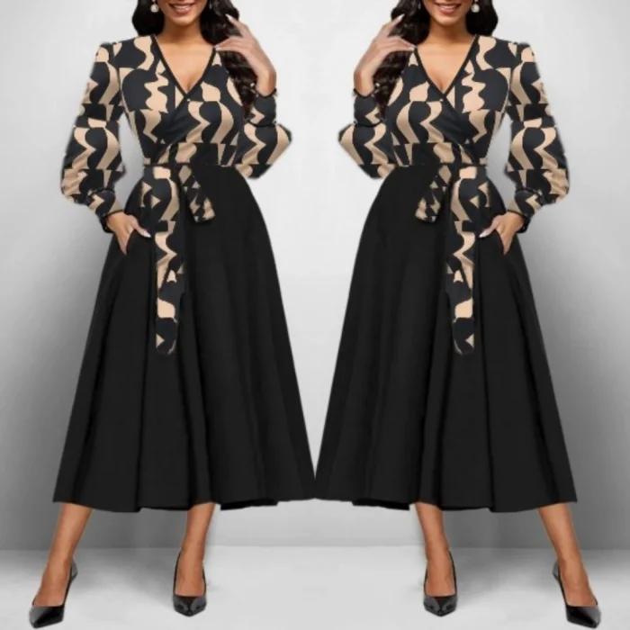 Kadın Uzun Kollu Kruvaze Yaka Dalgıç Krep Midi Boy Elbise